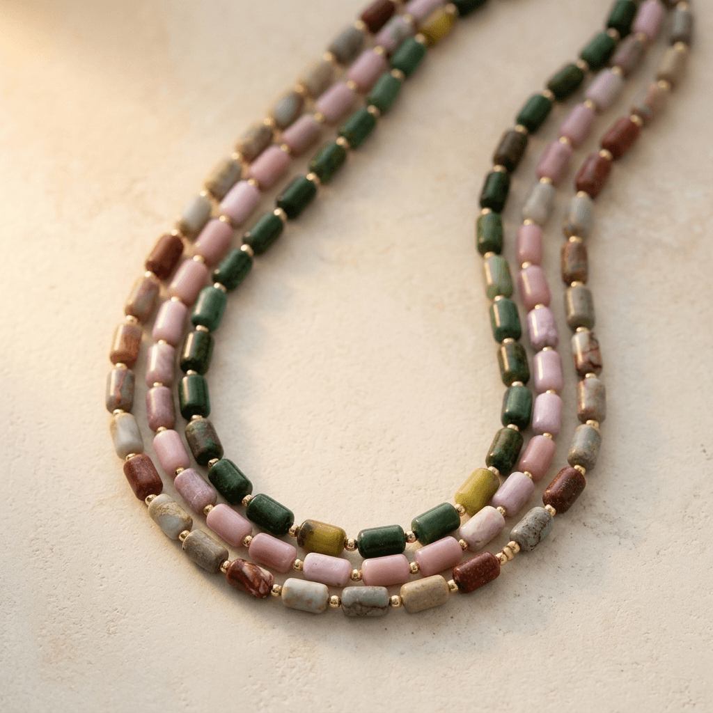 Multi Gemstone Barrel Beads Gold Layered Necklace