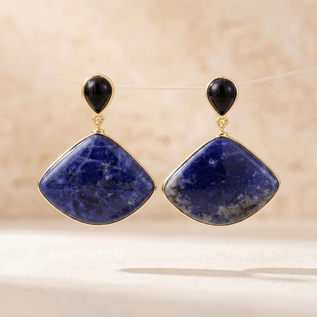 Blue Sodalite Gold Diamond Drop Earrings