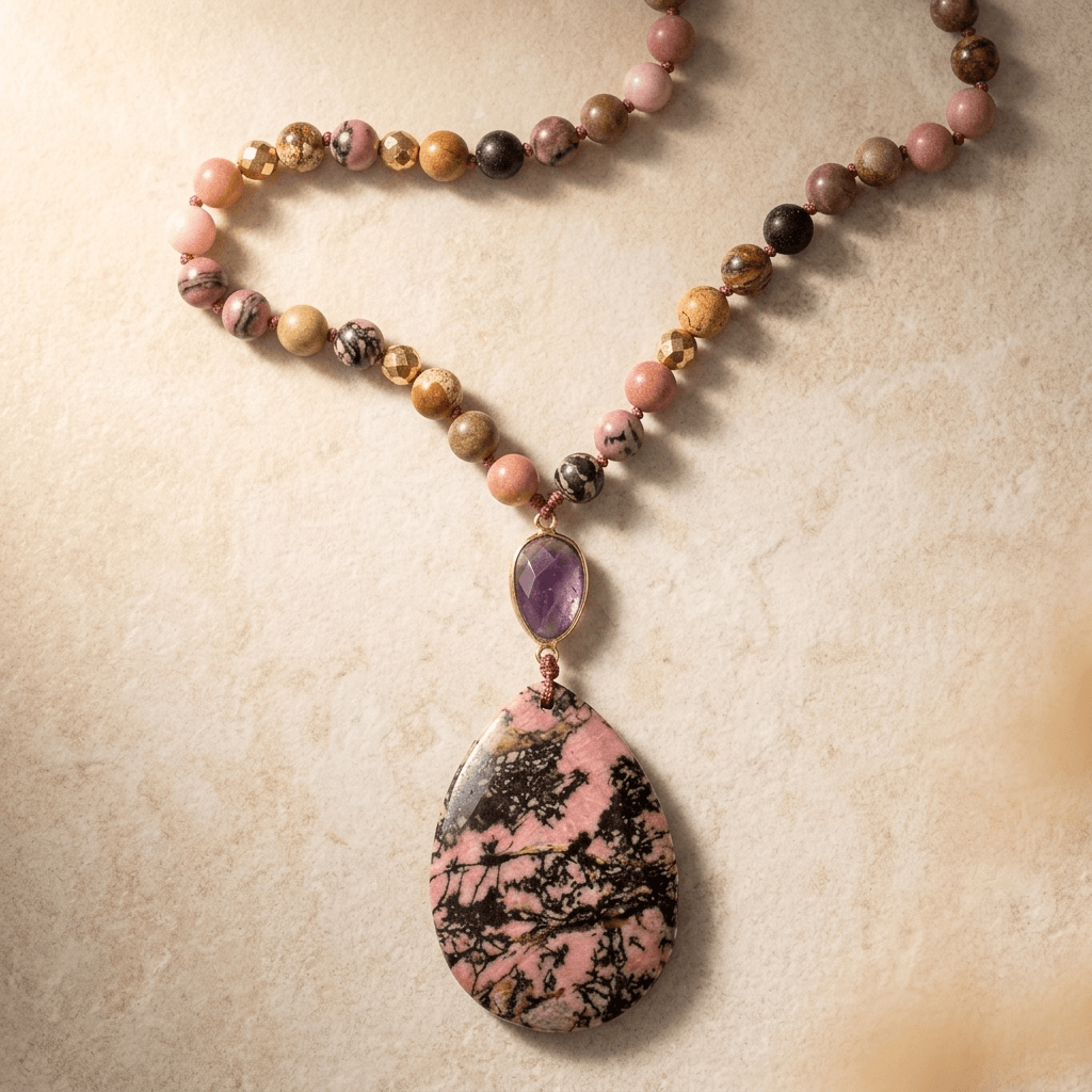 Natural Rhodonite Jasper Teardrop Pendant Necklace