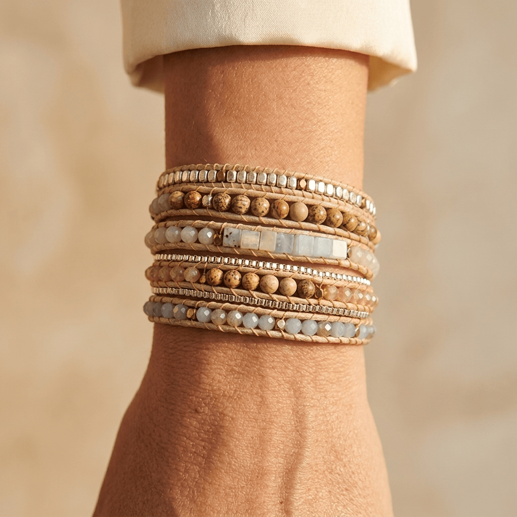 Bohemian Gold Beaded Natural Stone Wrap Bracelet