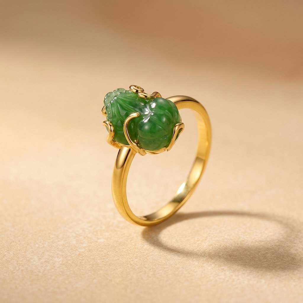 Vintage Gold Green Jade Carved Ring
