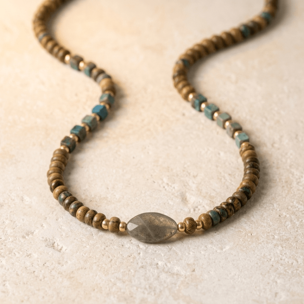 Boho Brass Wood Bead Jasper Necklace