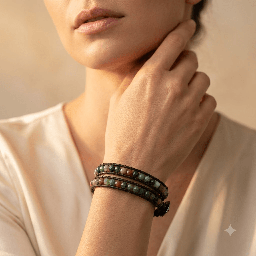 Handmade Indian Agate Leather Wrap Bracelet