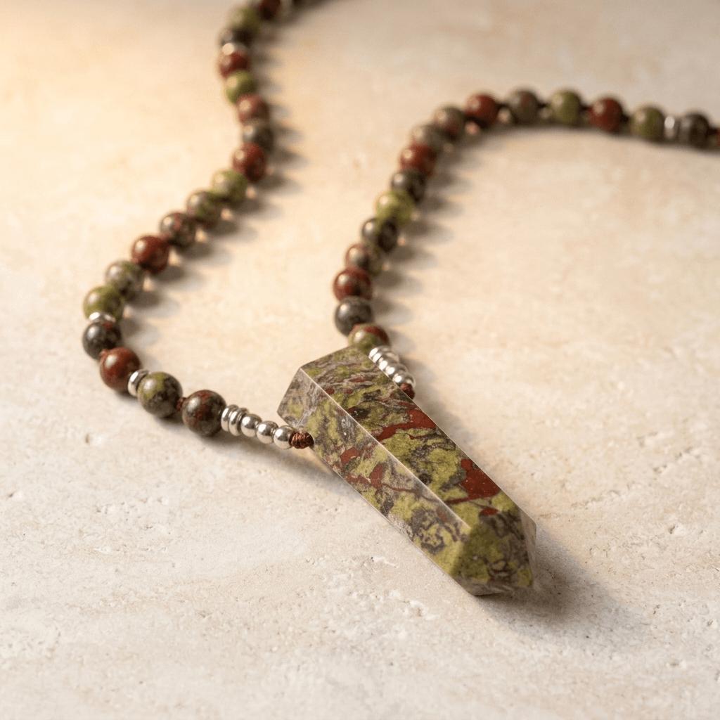 Natural Dragon Blood Jasper Beaded Point Pendant Necklace