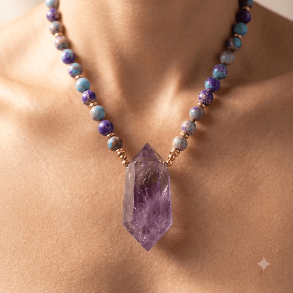 Purple Amethyst Gold Beaded Point Pendant Necklace