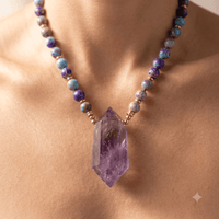 Purple Amethyst Gold Beaded Point Pendant Necklace