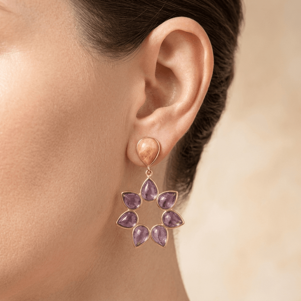 Gold Purple Amethyst Flower Drop Earrings