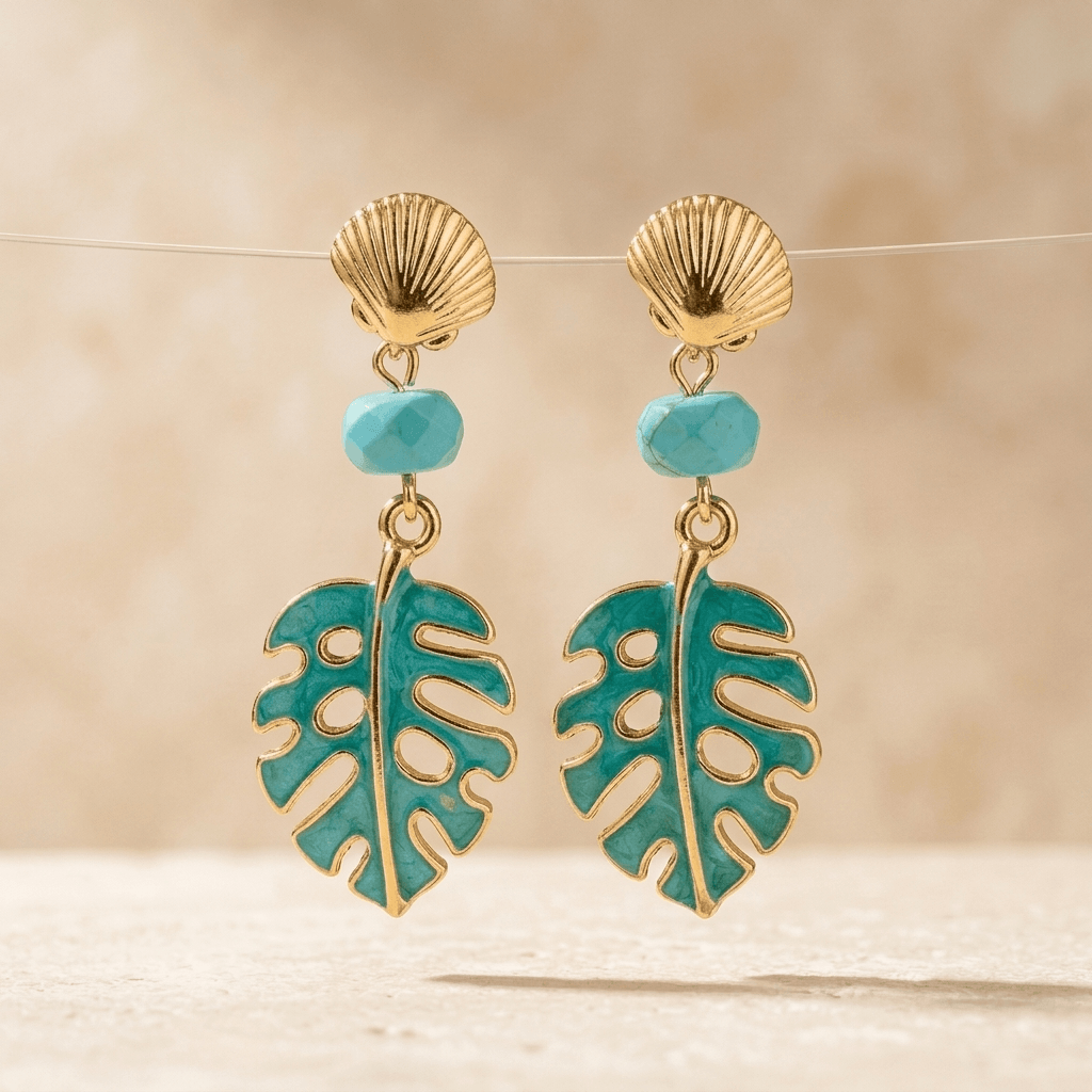 Tropical Gold Turquoise Leaf Drop Earrings