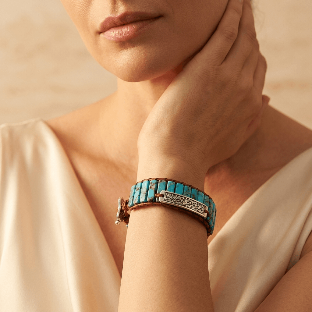 Turquoise Stone Silver Square Boho Bracelet