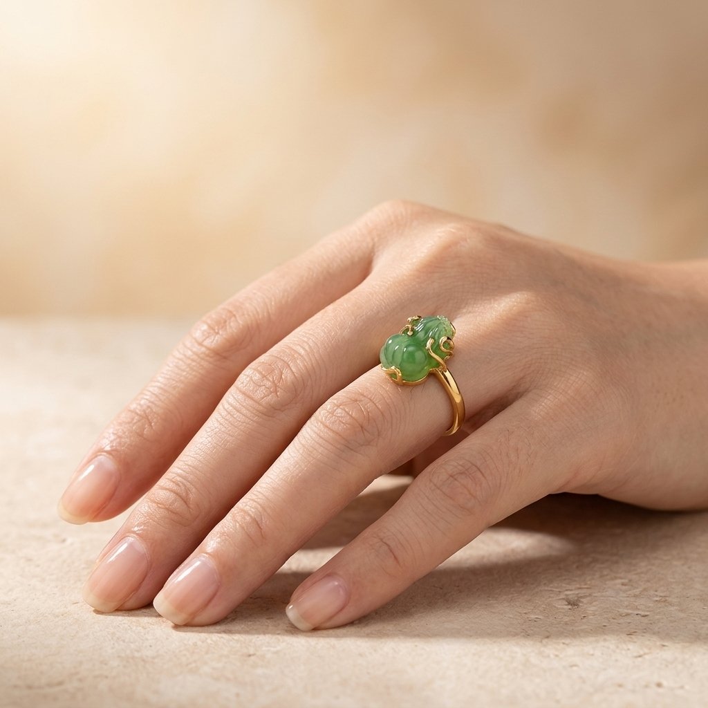 Vintage Gold Green Jade Carved Ring