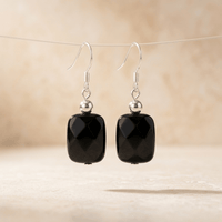 Black Onyx Faceted Square Silver Drop Earrings