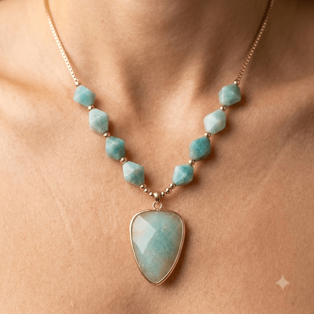 Natural Amazonite Gold Faceted Pendant Necklace