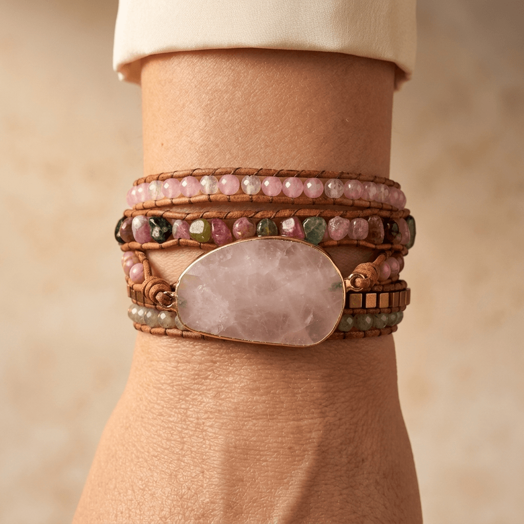 Rose Quartz Gold Beaded Wrap Bracelet