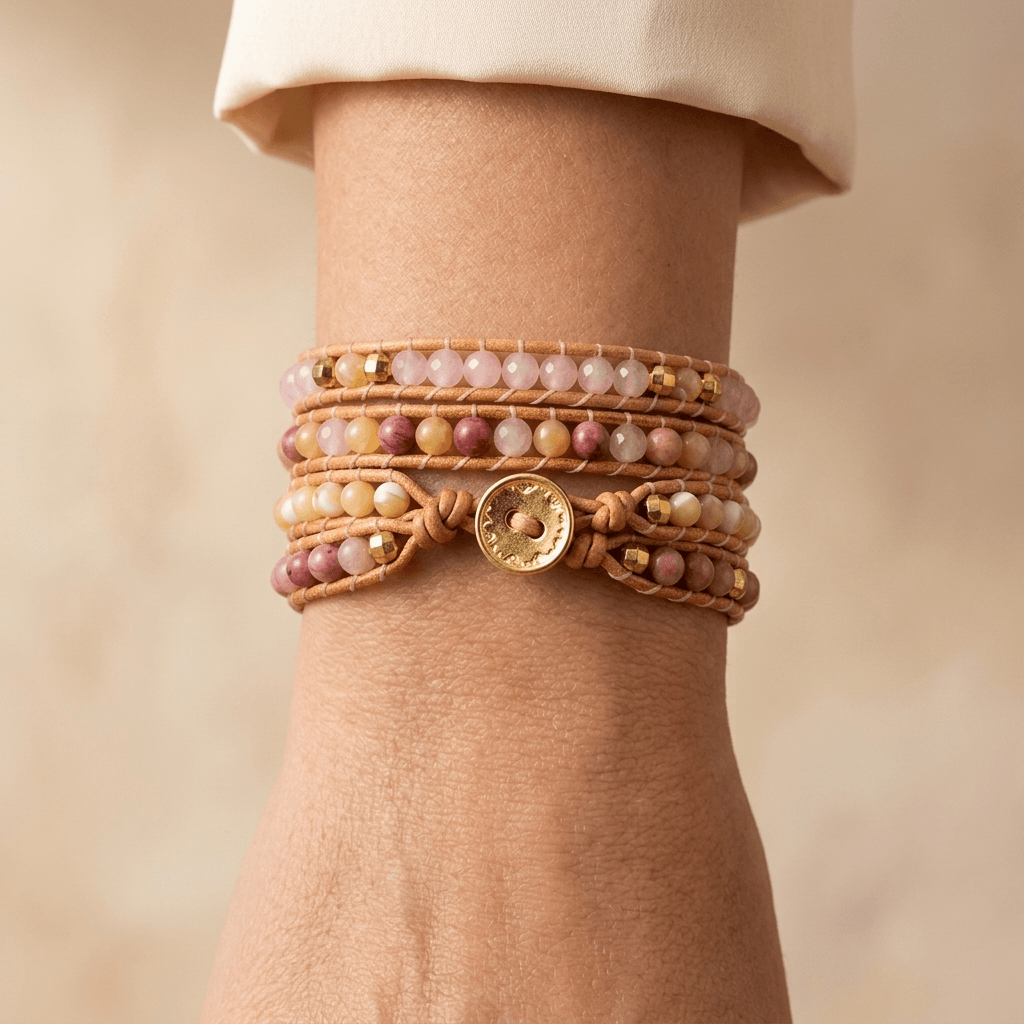 Natural Rose Quartz Leather Wrap Bracelet