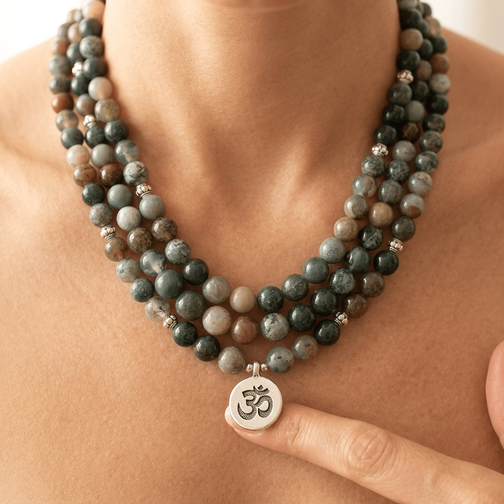 Natural Agate Mala Beads Om Pendant Necklace