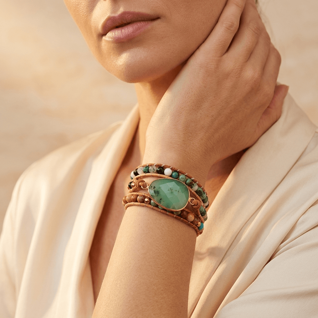 Green Jade Leather Wrap Bracelet