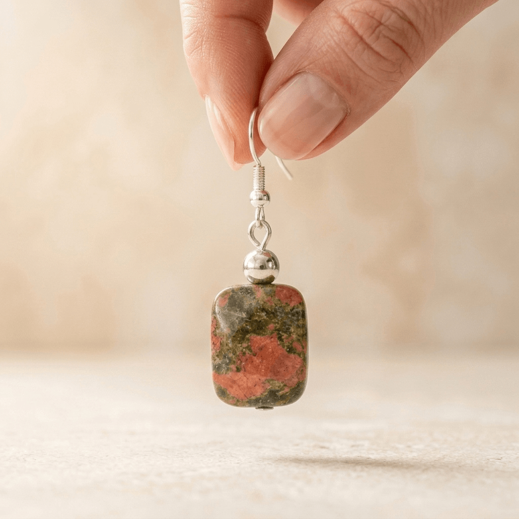 Natural Unakite Square Silver Drop Earrings