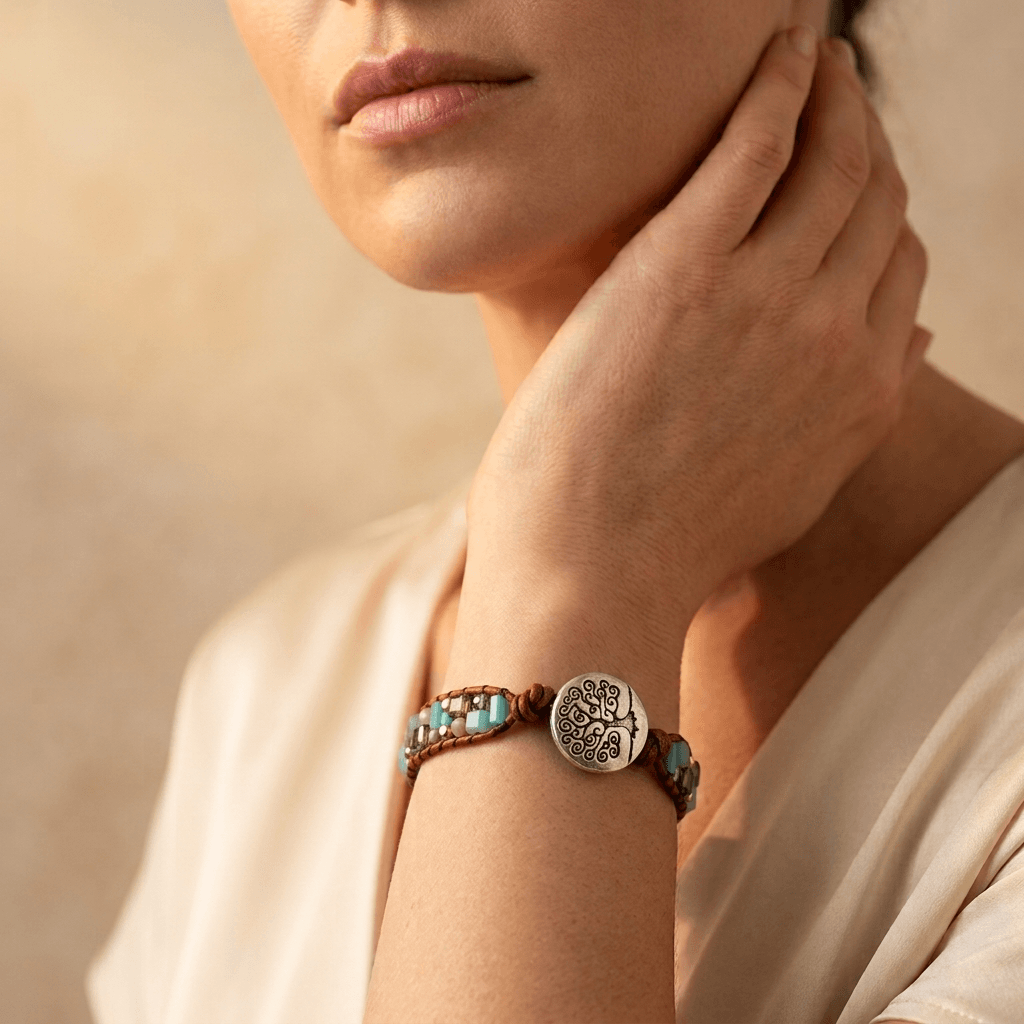 Boho Beaded Leather Tree of Life Wrap Bracelet