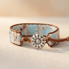 Handmade Blue Stone Silver Flower Leather Wrap Bracelet