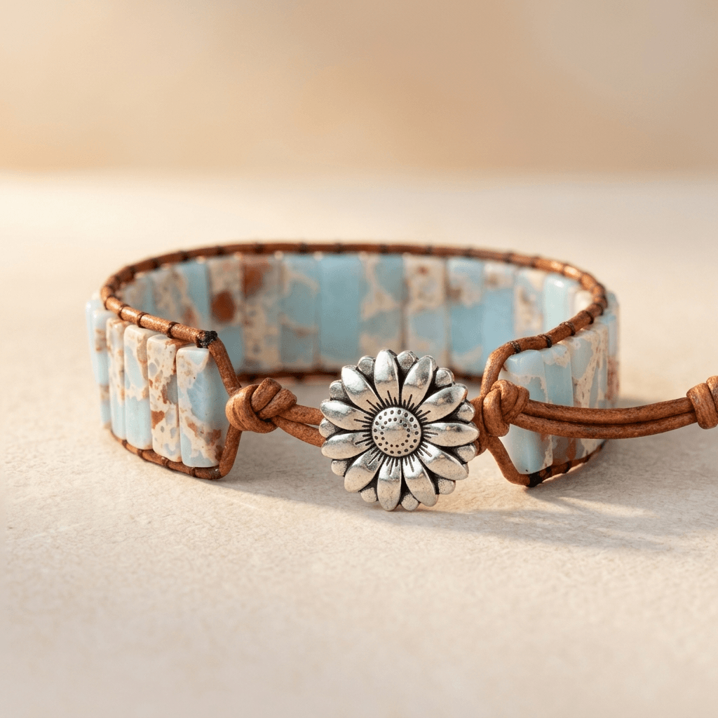 Handmade Blue Stone Silver Flower Leather Wrap Bracelet