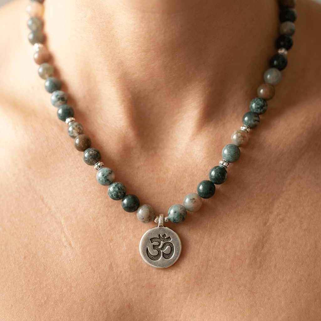 Natural Agate Mala Beads Om Pendant Necklace