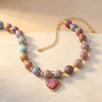 Boho Gold Pink Purple Stone Heart Necklace