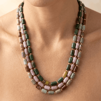 Multi Gemstone Barrel Beads Gold Layered Necklace