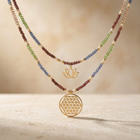 Boho Gold Lotus Gemstone Layered Necklace