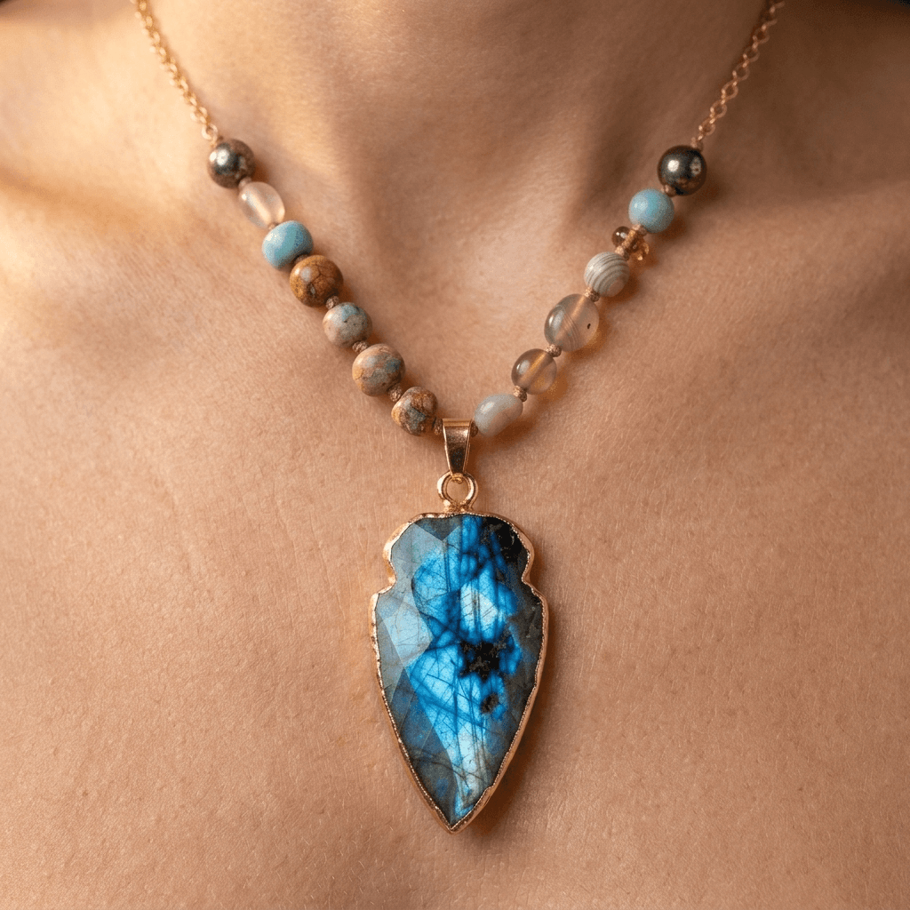 Handmade Labradorite Arrowhead Gold Pendant Necklace