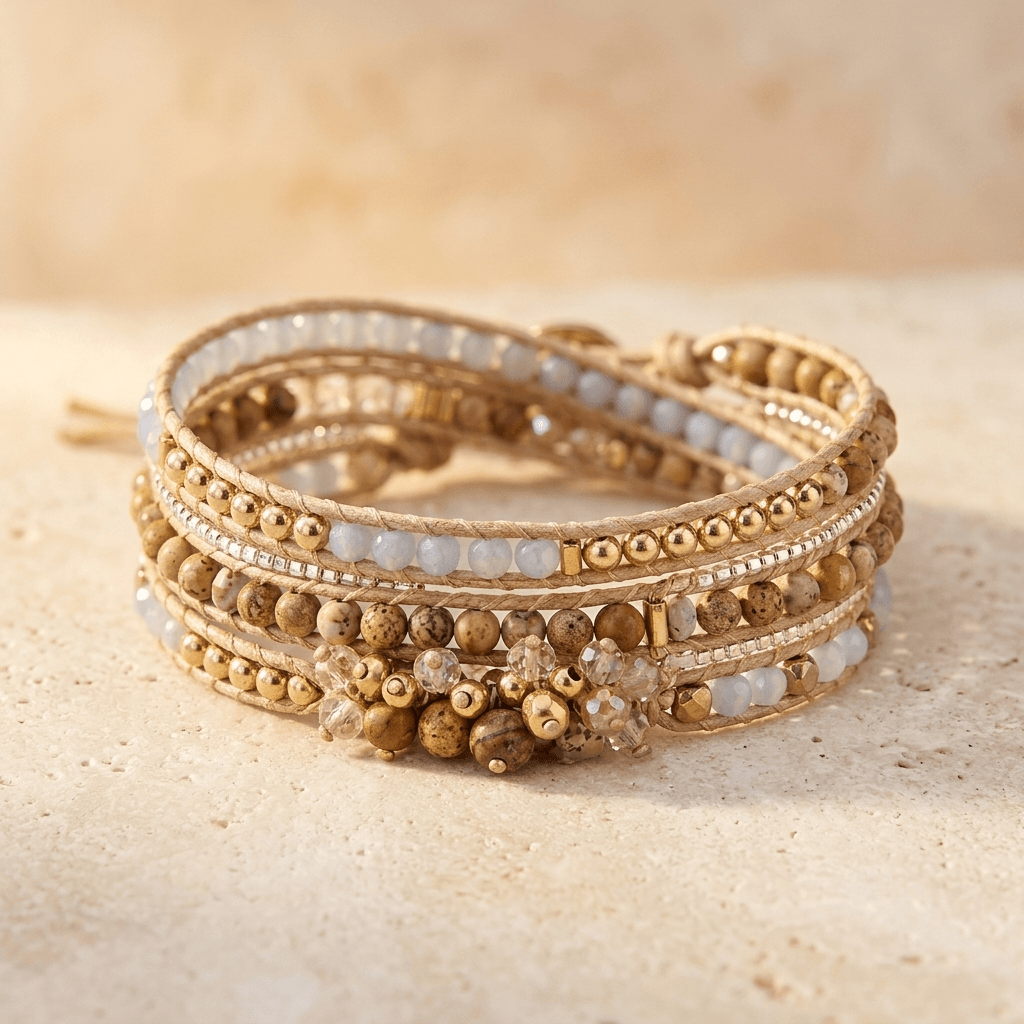 Bohemian Gold Beaded Natural Stone Wrap Bracelet