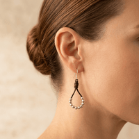 Brown Leather Silver Bead Teardrop Earrings