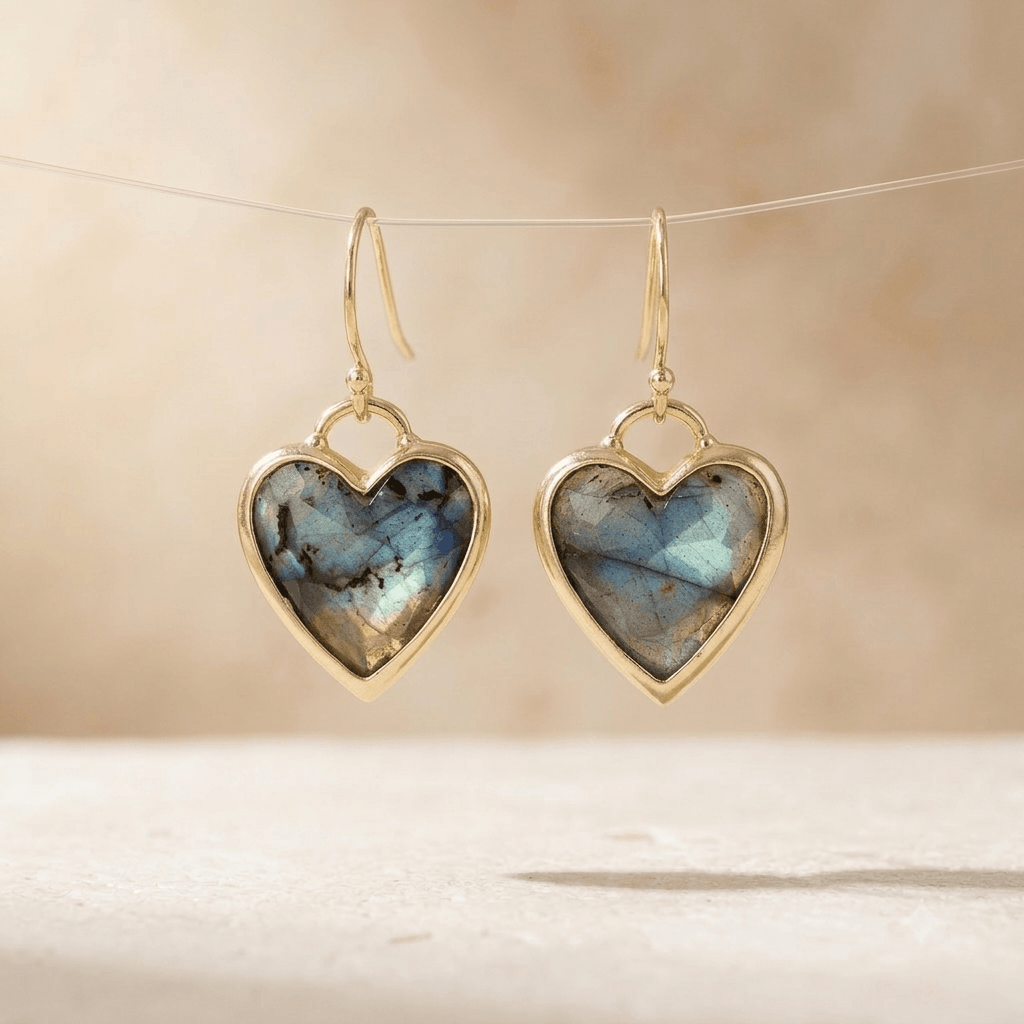 Labradorite Gold Heart Drop Earrings