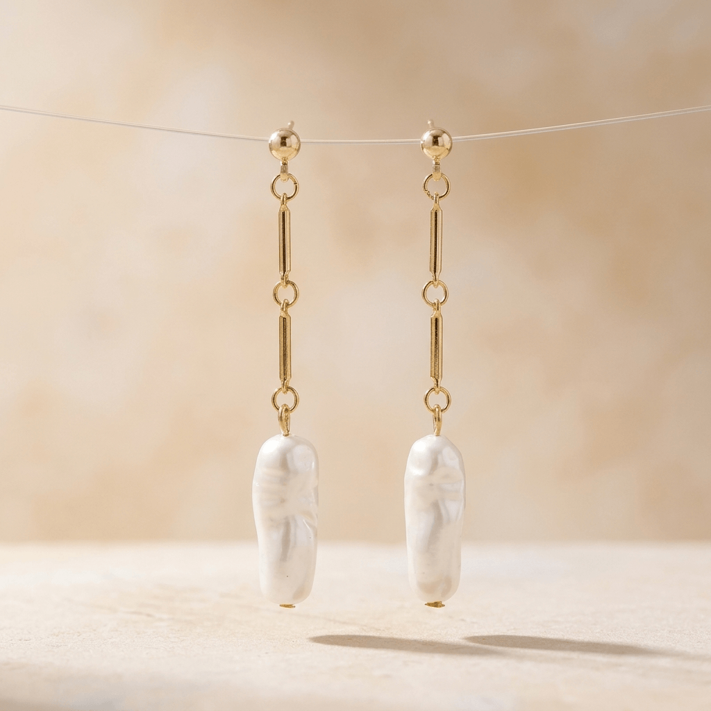 Gold Freshwater Pearl Long Drop Earrings