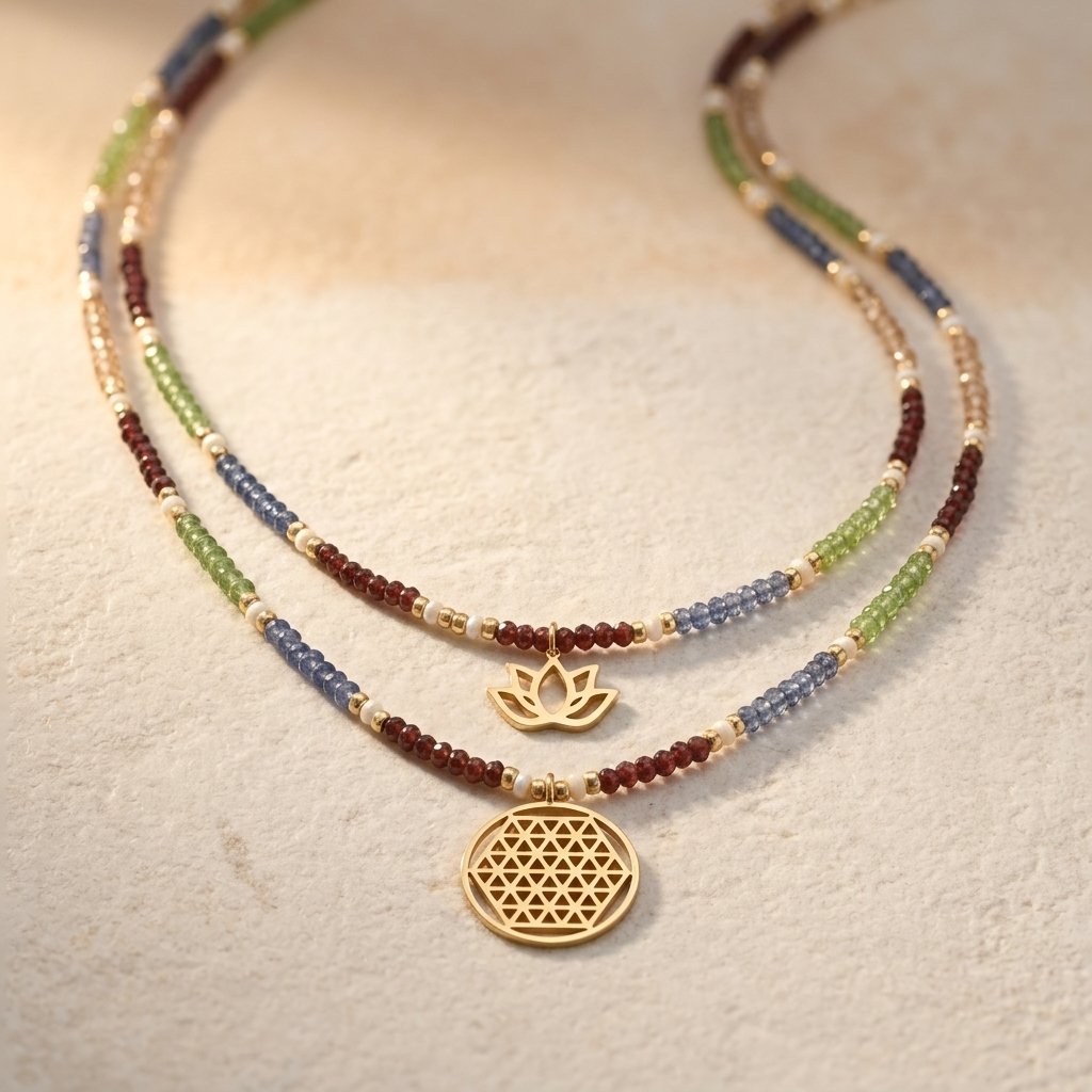 Boho Gold Lotus Gemstone Layered Necklace