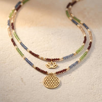 Boho Gold Lotus Gemstone Layered Necklace