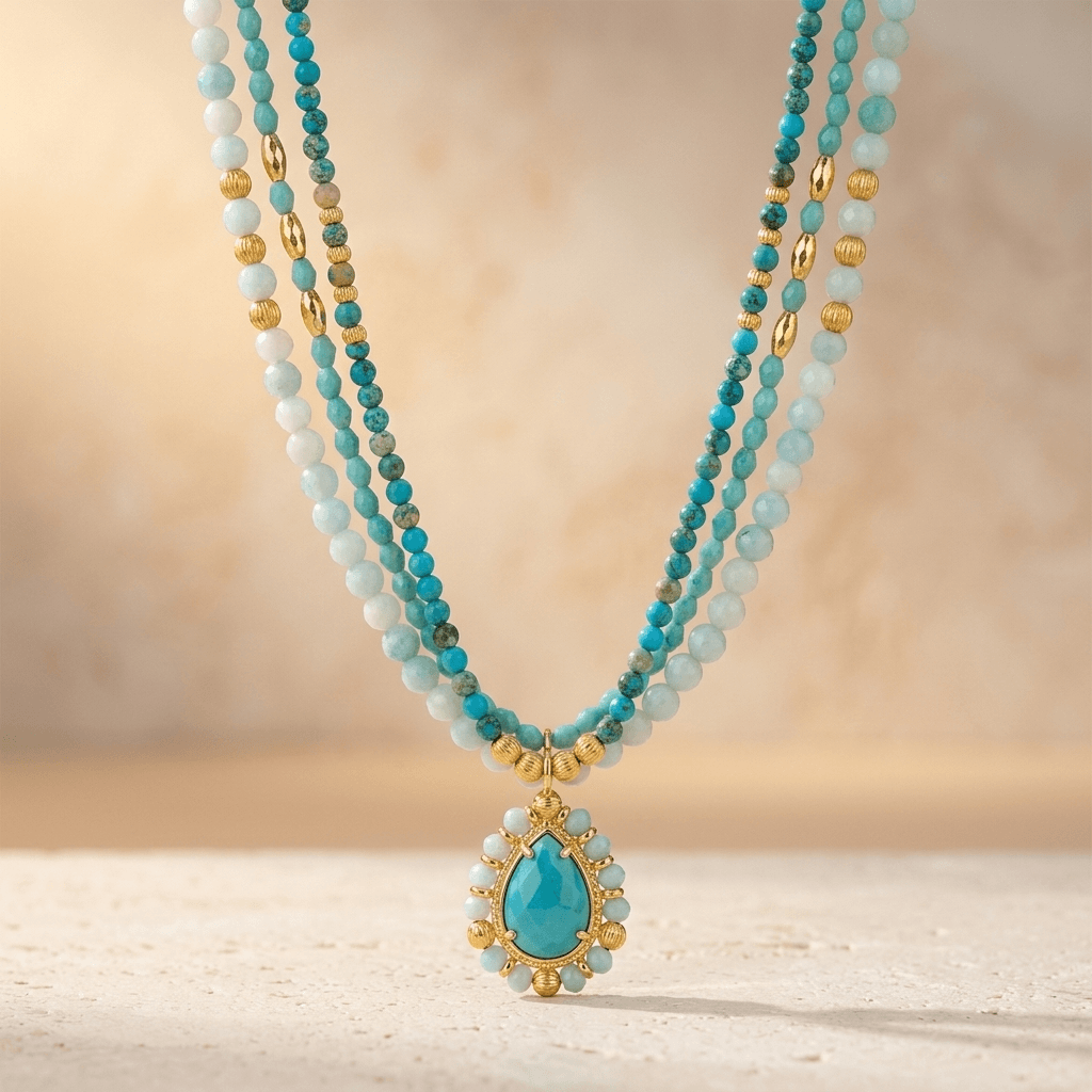 Turquoise Gold Layered Beaded Pendant Necklace