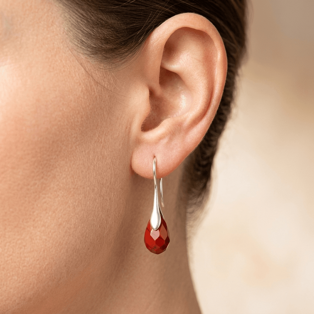 Red Jasper Teardrop Silver Hook Earrings