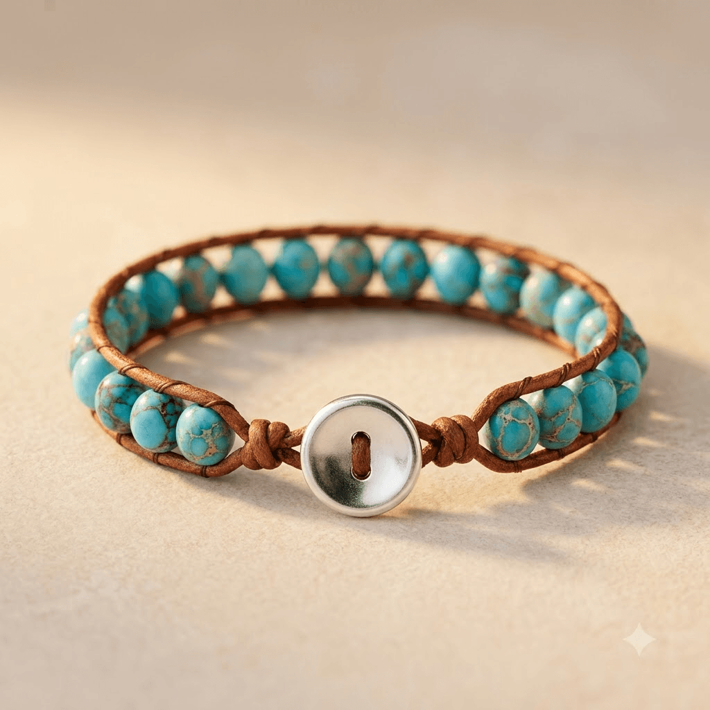 Turquoise Jasper Silver Button Wrap Bracelet