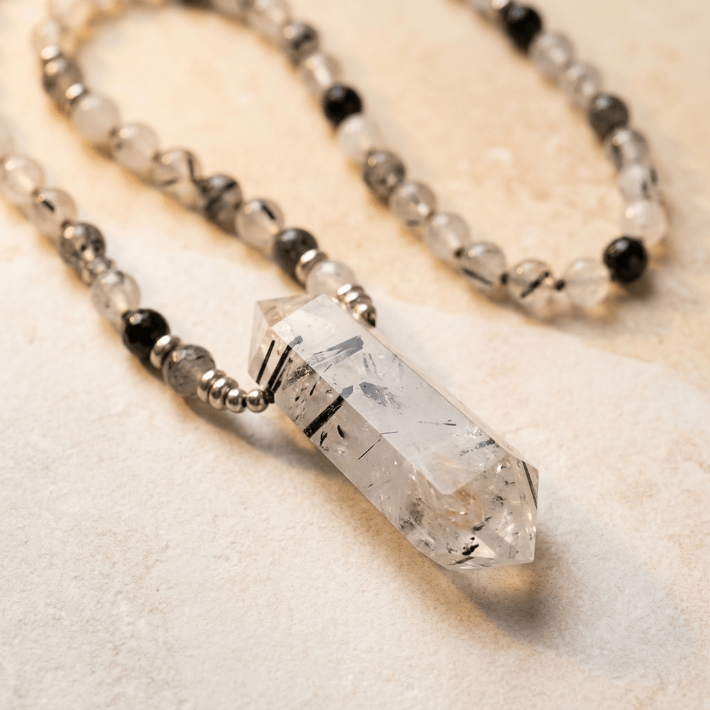 Natural Black Rutilated Quartz Crystal Necklace