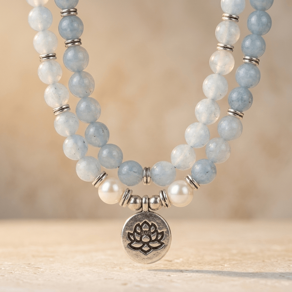Natural Aquamarine Pearl Lotus Pendant Necklace