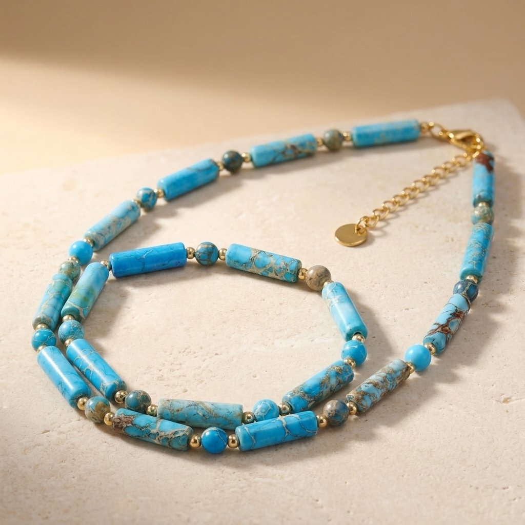 Boho Brass Turquoise Tube Bead Necklace