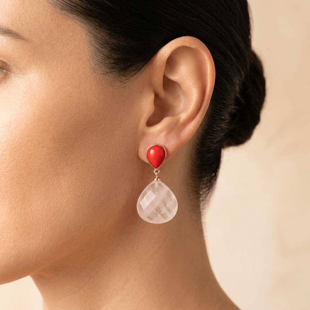Rose Quartz Red Gemstone Rose Gold Drop Earrings