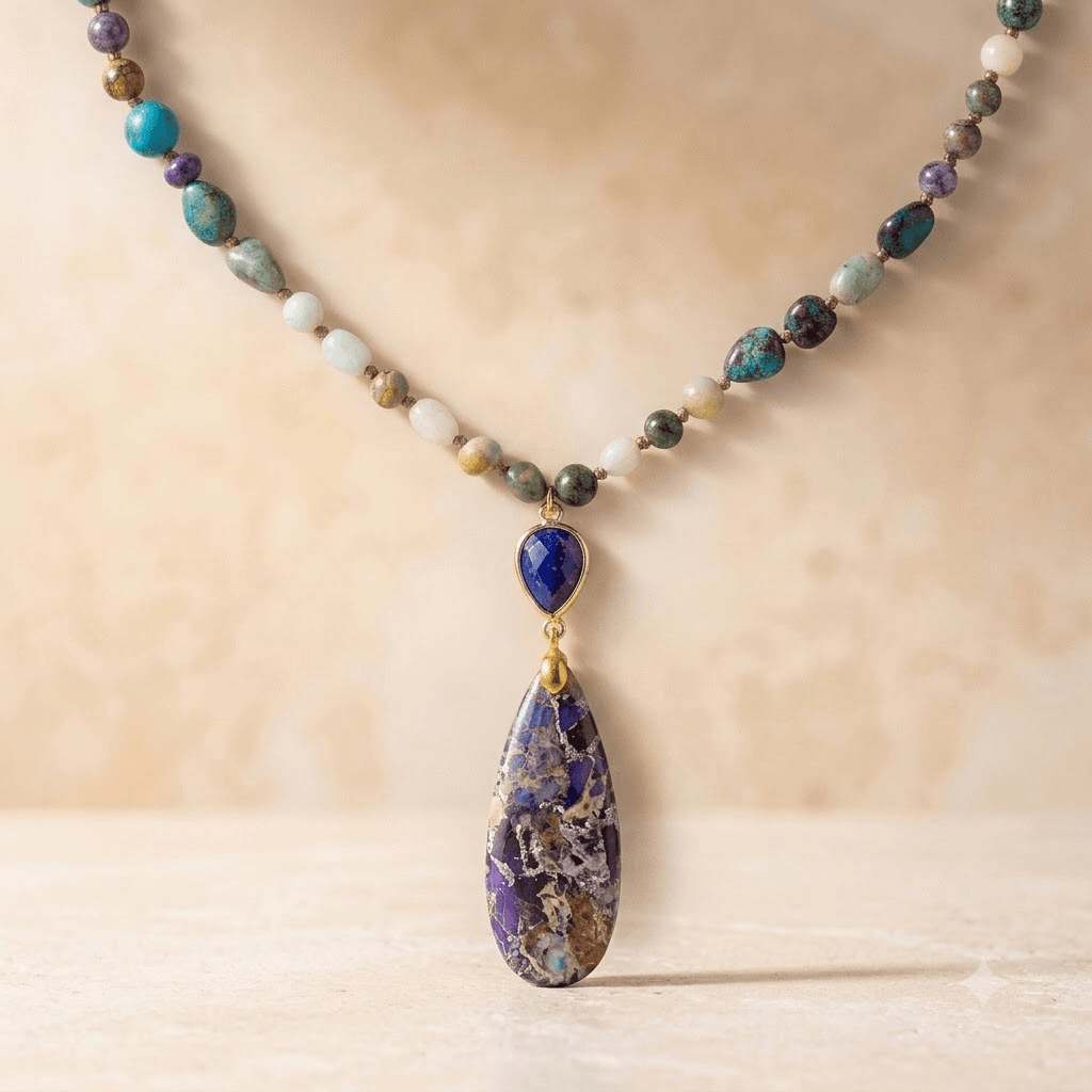 Multistone Gold Beaded Teardrop Pendant Necklace