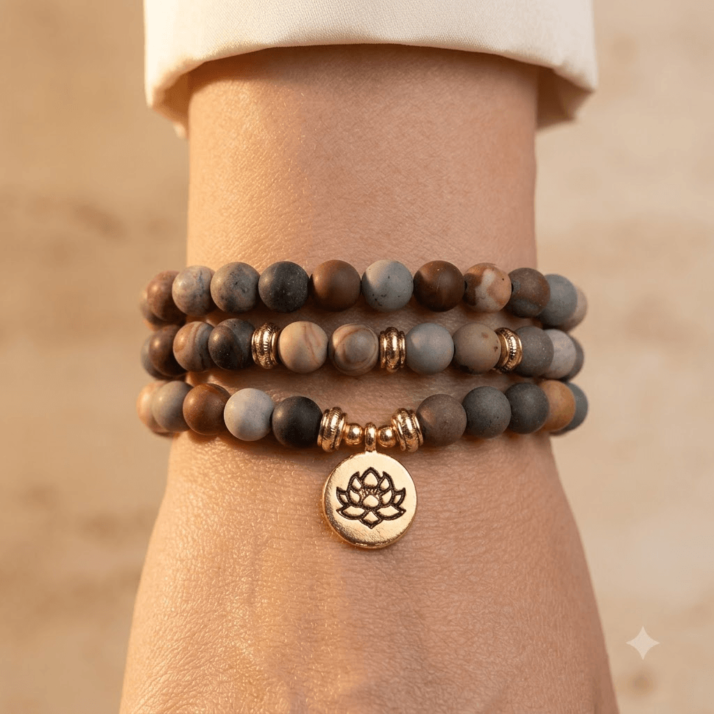 Matte Natural Jasper Beaded Lotus Charm Bracelet