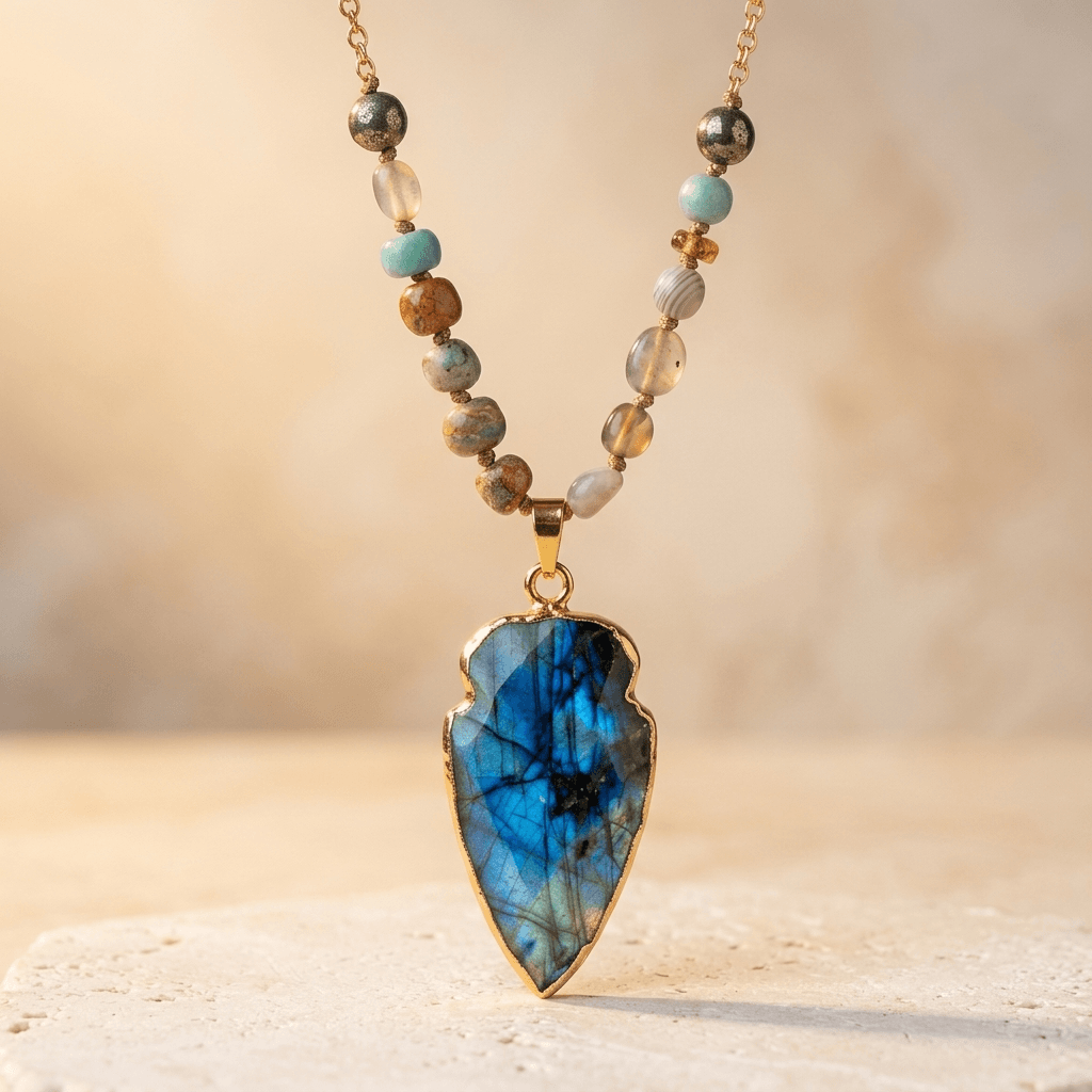 Handmade Labradorite Arrowhead Gold Pendant Necklace
