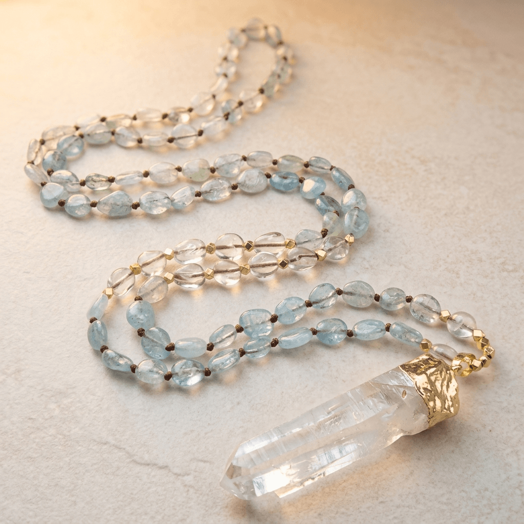 Natural Aquamarine Clear Quartz Point Necklace