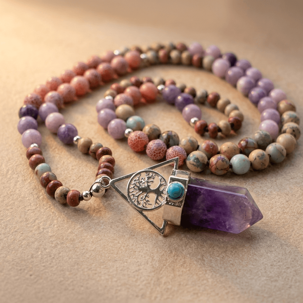 Amethyst Jasper Tree Of Life Bead Necklace