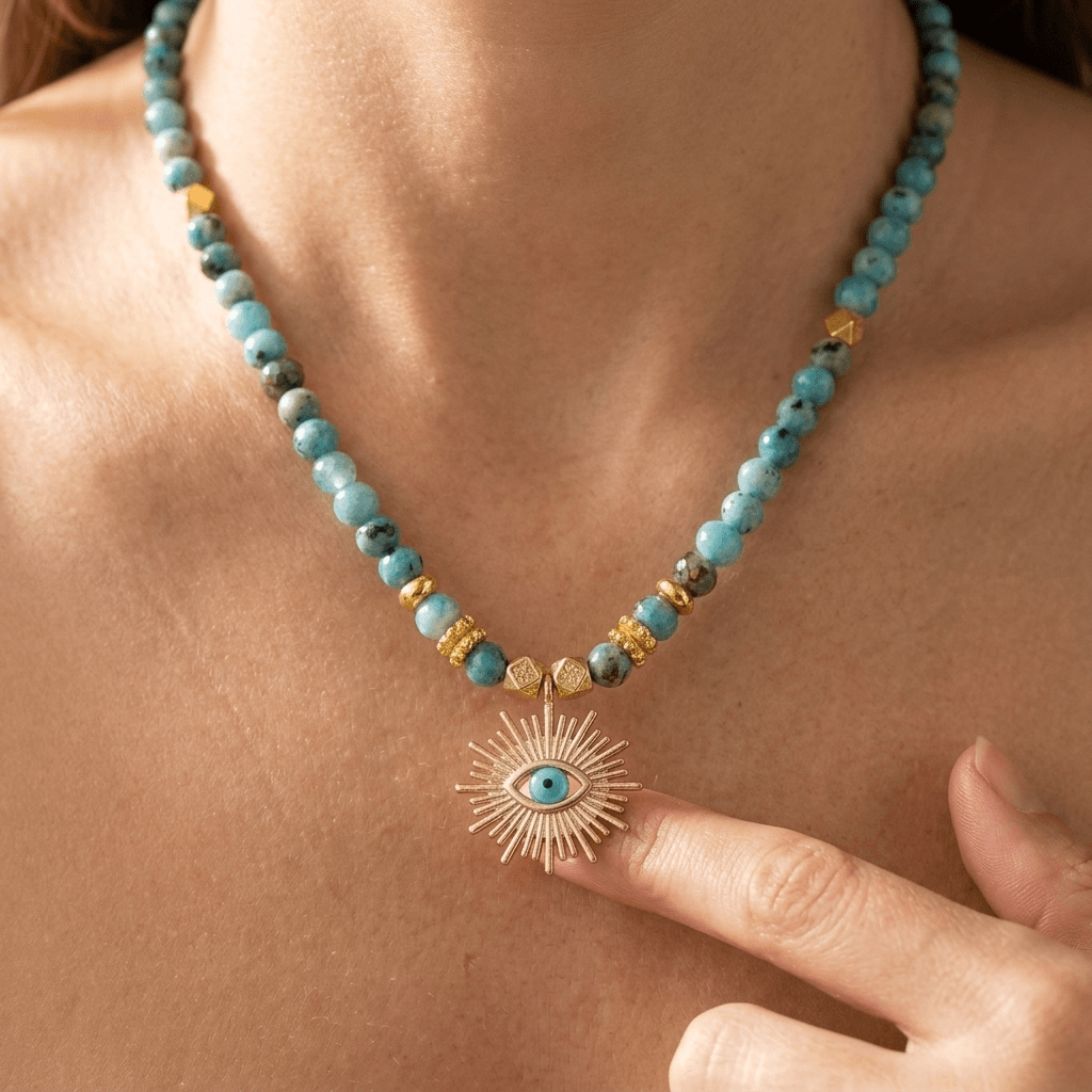Turquoise Gold Evil Eye Sunburst Pendant Necklace