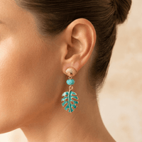 Tropical Gold Turquoise Leaf Drop Earrings