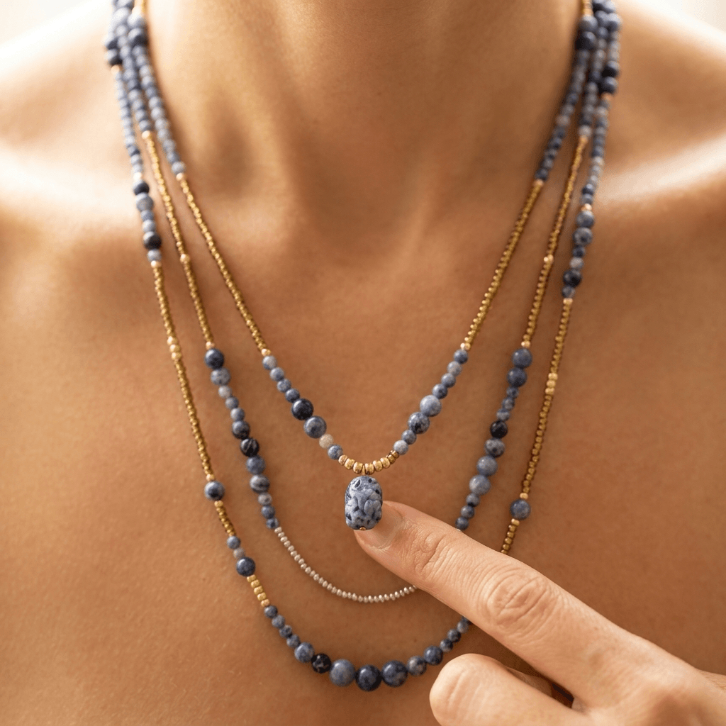 Blue Sodalite Gold Beaded Layered Necklace